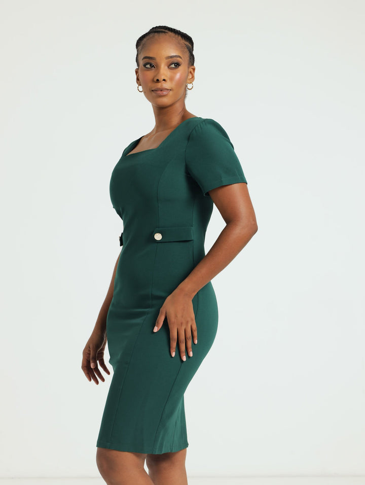 Square Neck Tab Pencil Dress - Dark Green