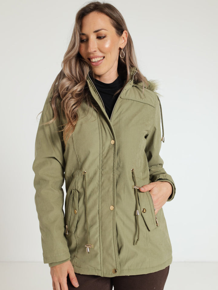 Padded Parker Jacket With Removable Hood - Olive