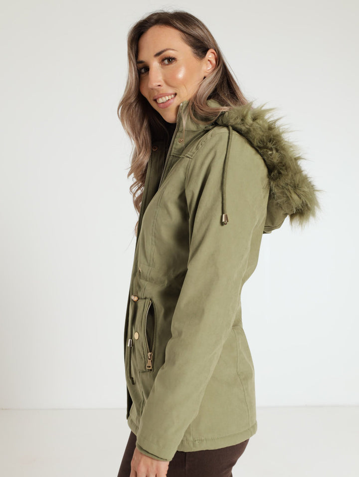Padded Parker Jacket With Removable Hood - Olive