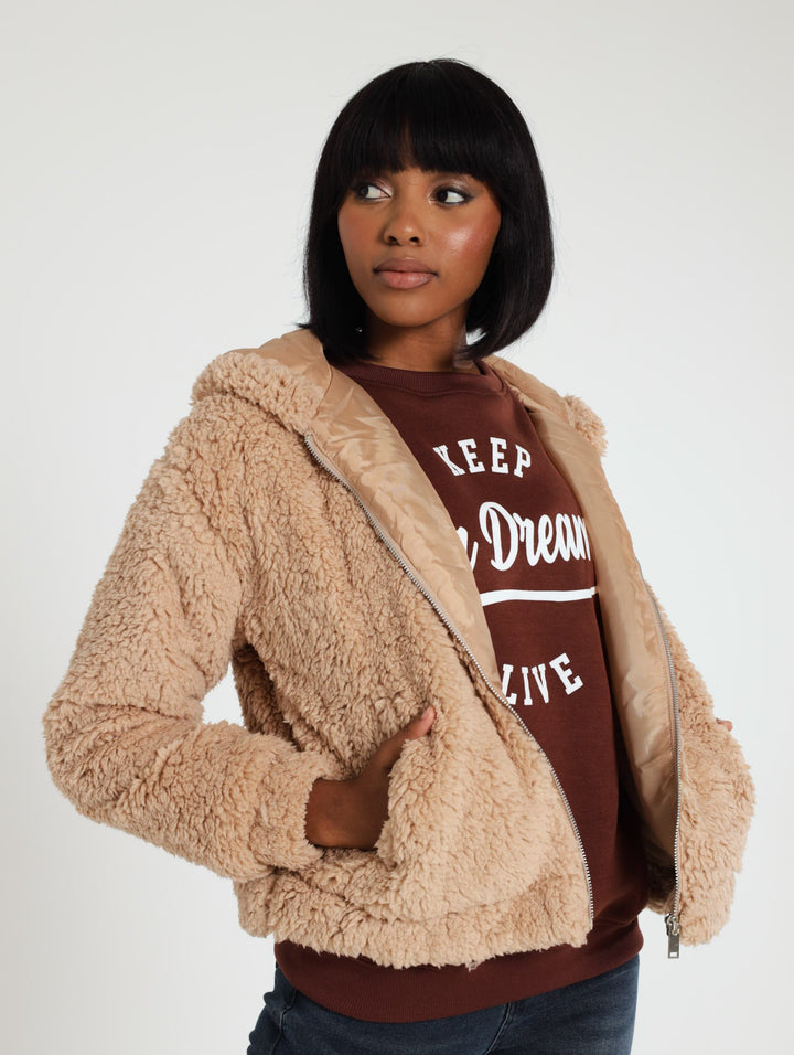 Zip Through Hooded Teddy Bomber Jacket - Stone