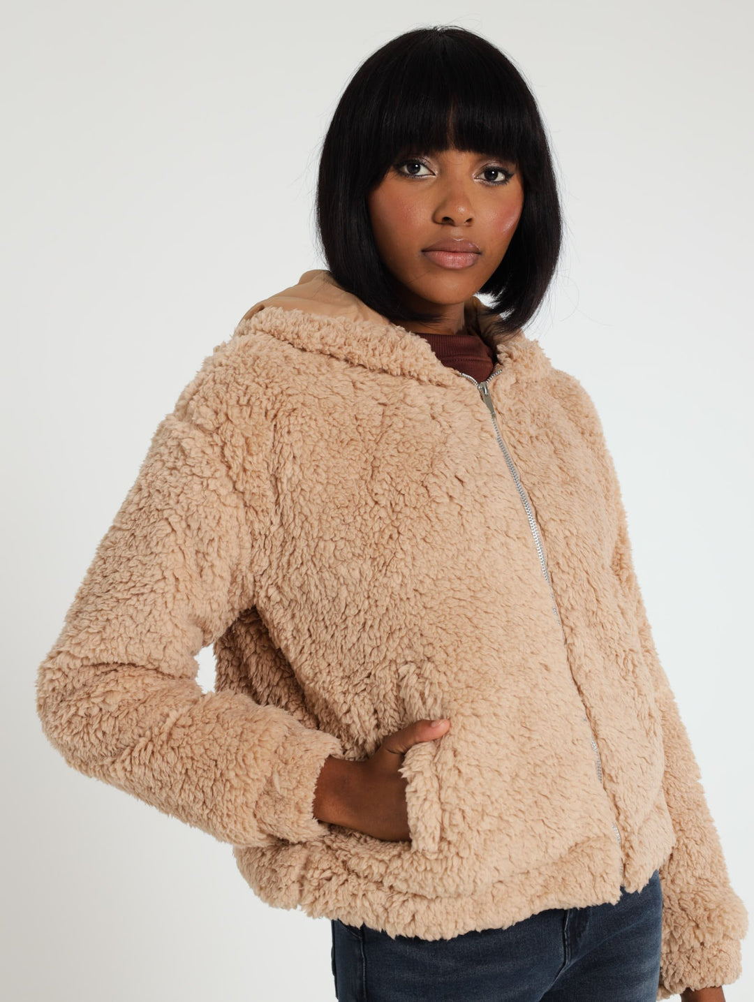 Zip Through Hooded Teddy Bomber Jacket - Stone