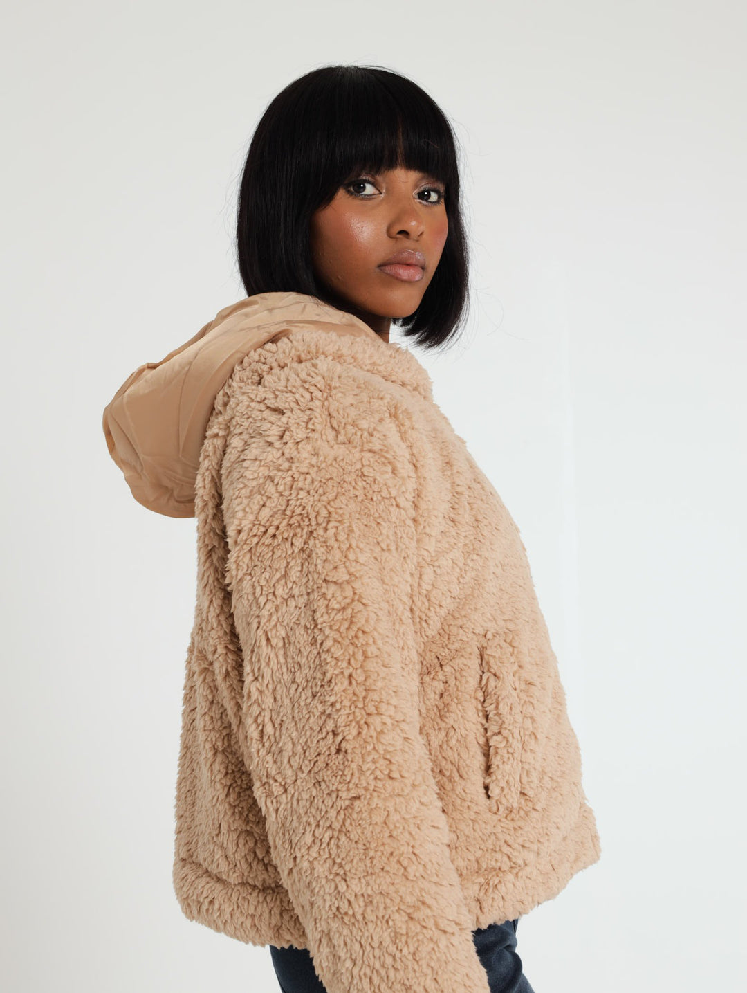 Zip Through Hooded Teddy Bomber Jacket - Stone