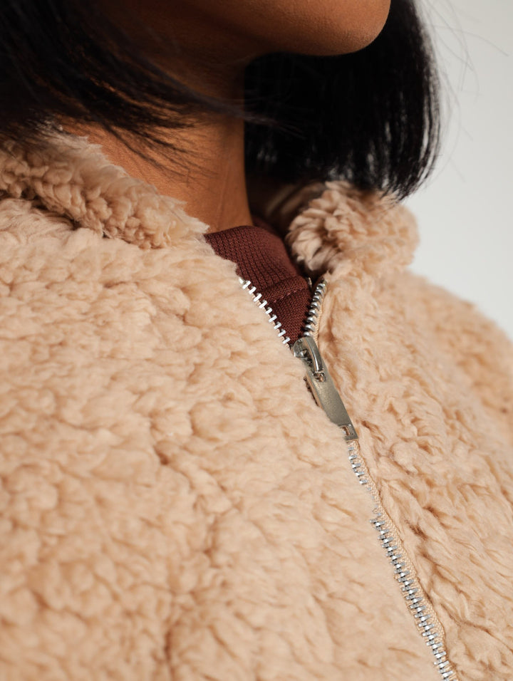 Zip Through Hooded Teddy Bomber Jacket - Stone