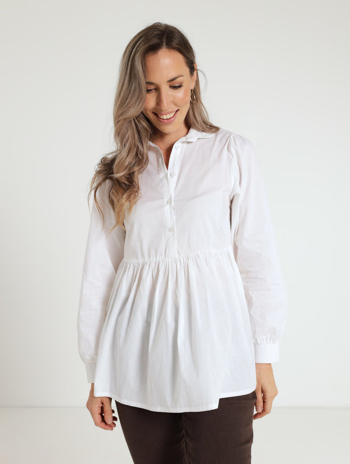 Collared Peplum Tunic Top - White