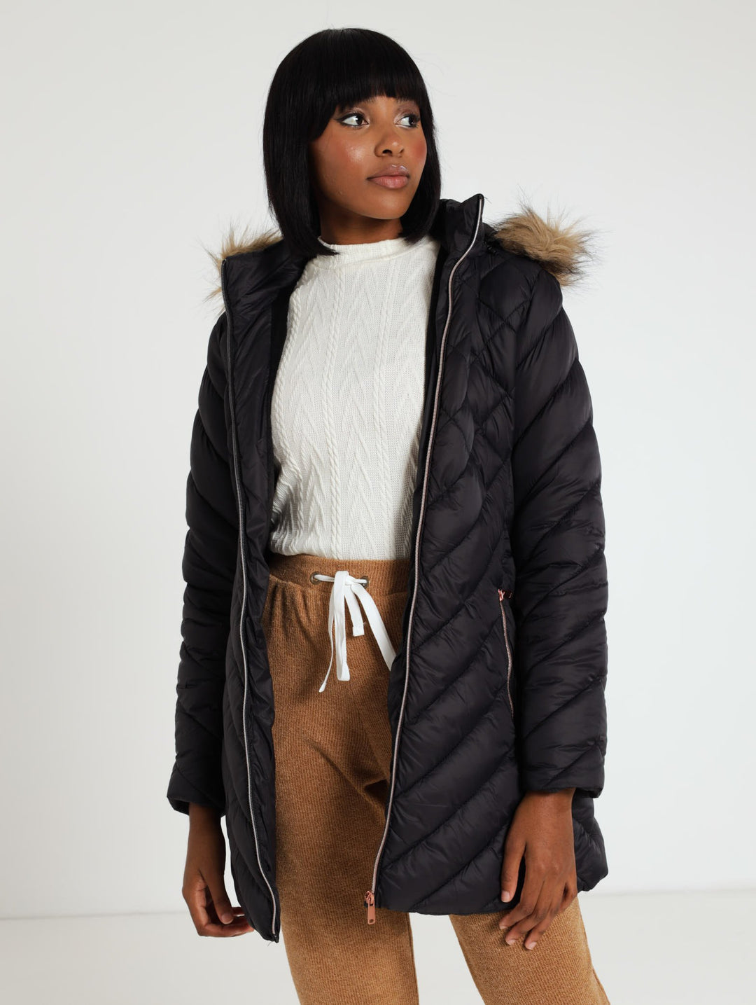 Fur Trim Diamond Quilted Jacket With Removable Hood - Black