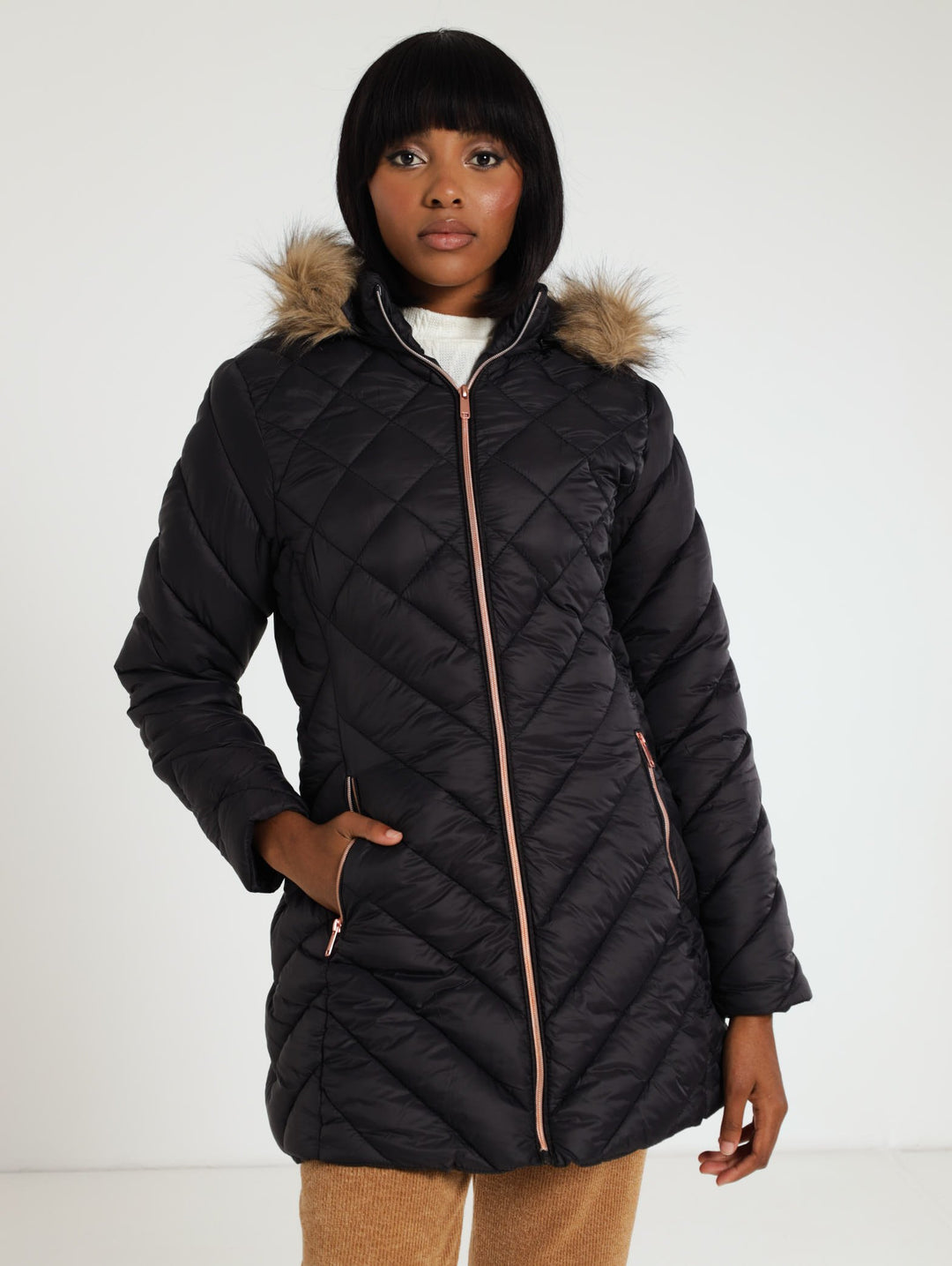 Fur Trim Diamond Quilted Jacket With Removable Hood - Black
