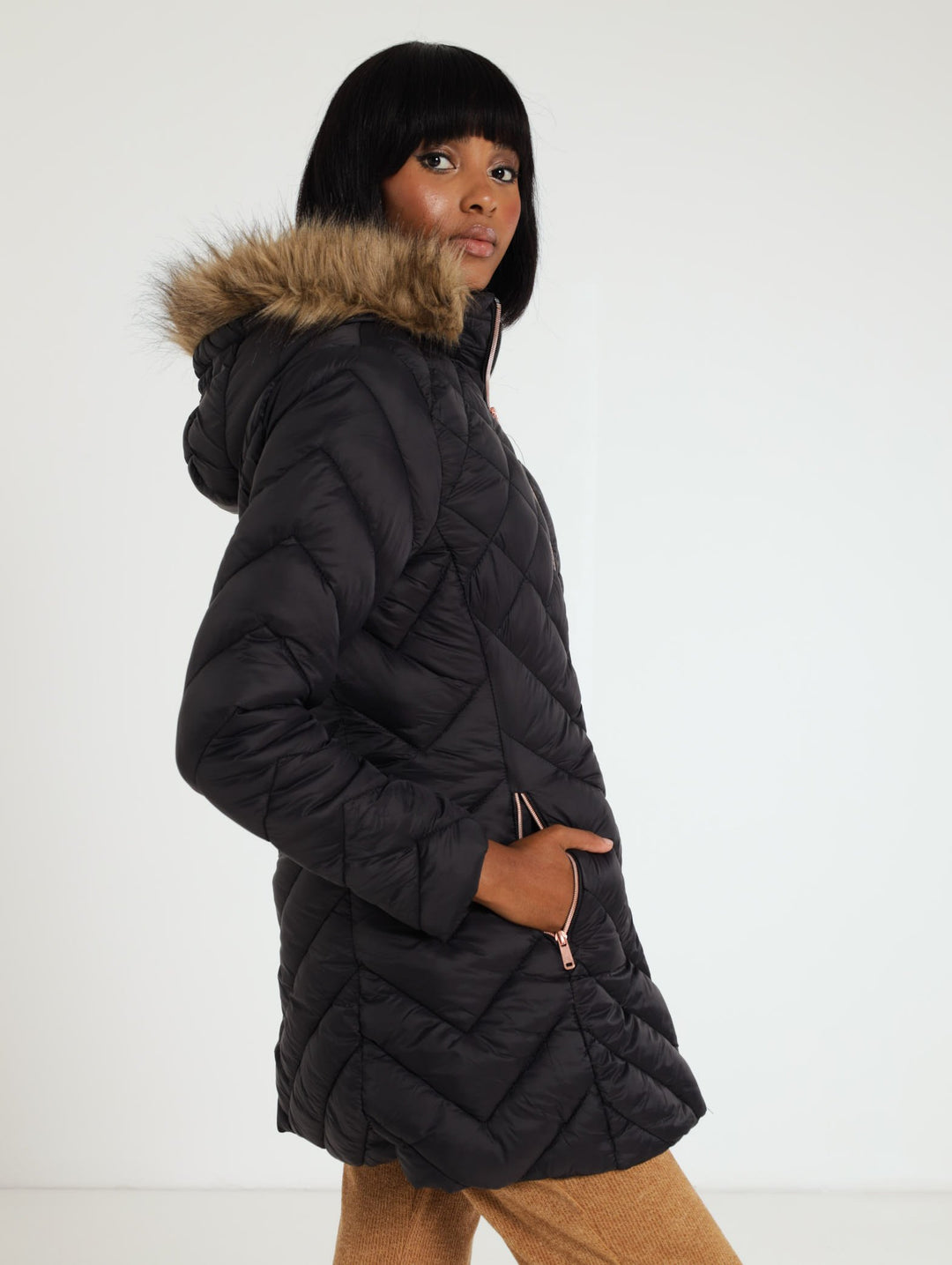 Fur Trim Diamond Quilted Jacket With Removable Hood - Black