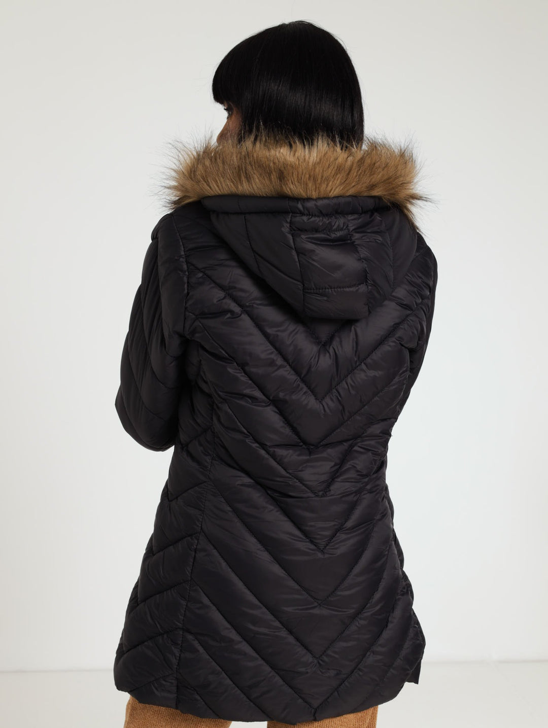 Fur Trim Diamond Quilted Jacket With Removable Hood - Black