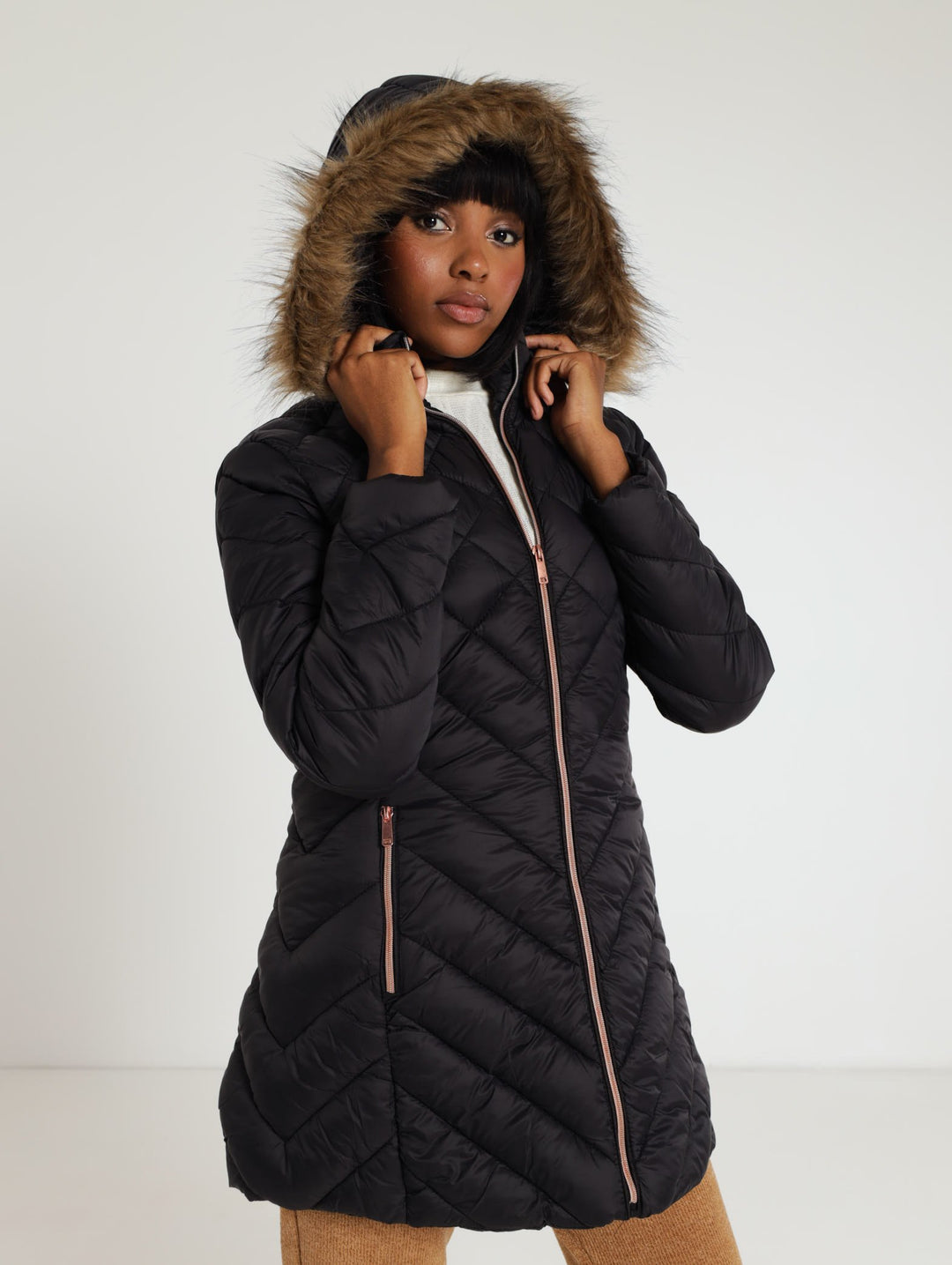 Fur Trim Diamond Quilted Jacket With Removable Hood - Black