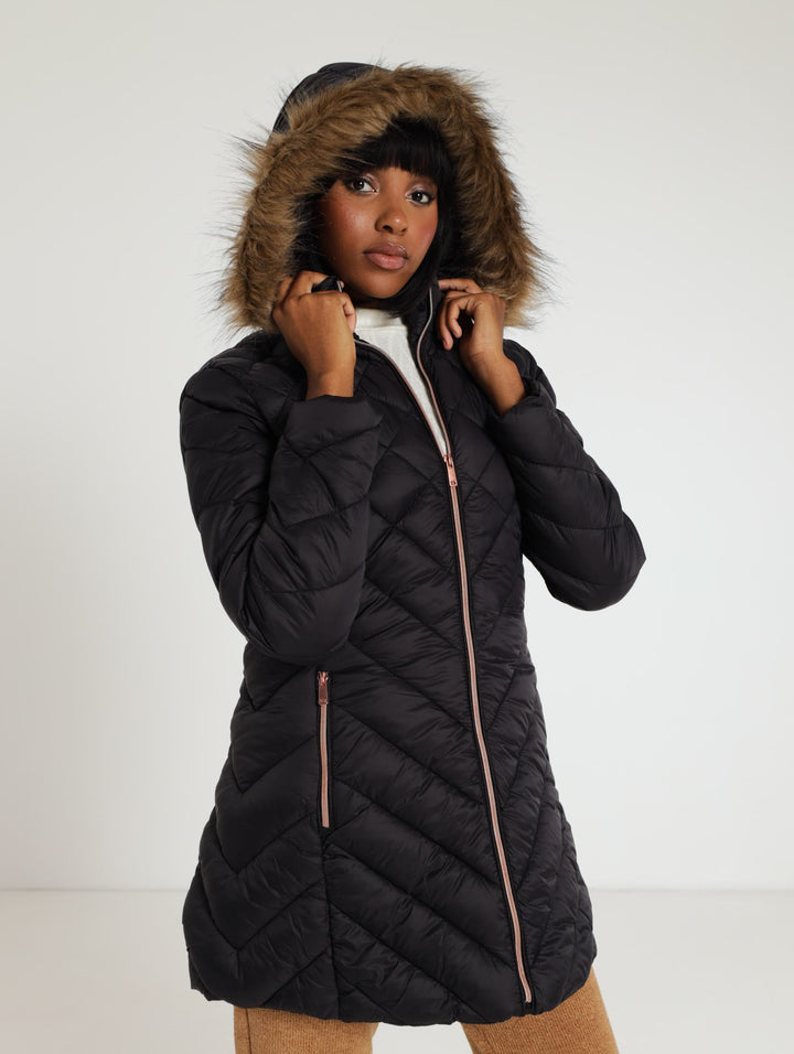 Fur Trim Diamond Quilted Jacket With Removable Hood - Black