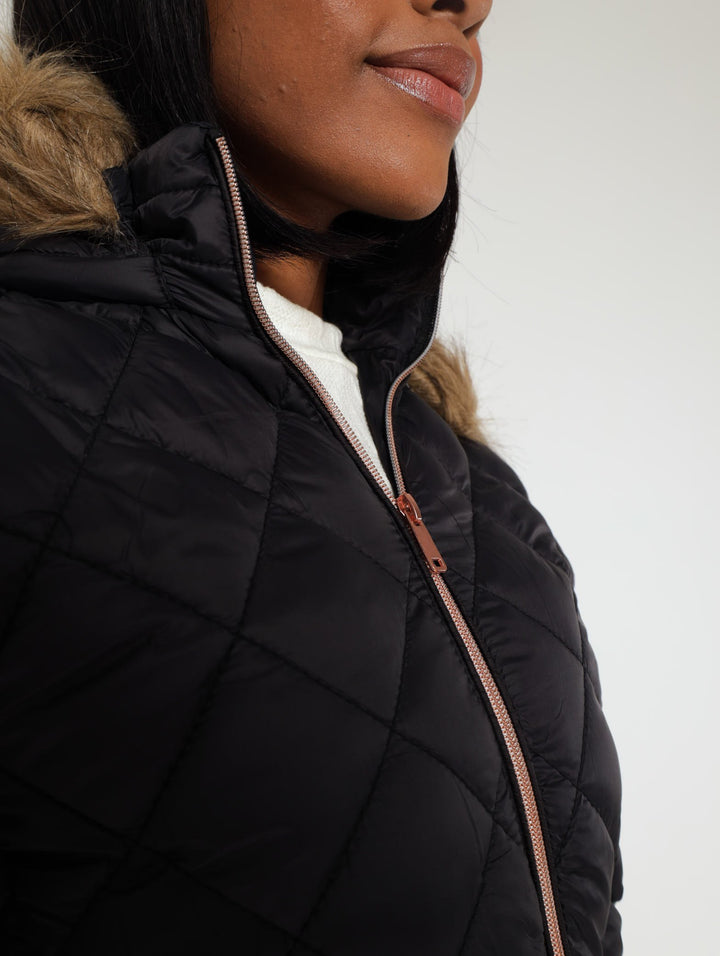 Fur Trim Diamond Quilted Jacket With Removable Hood - Black