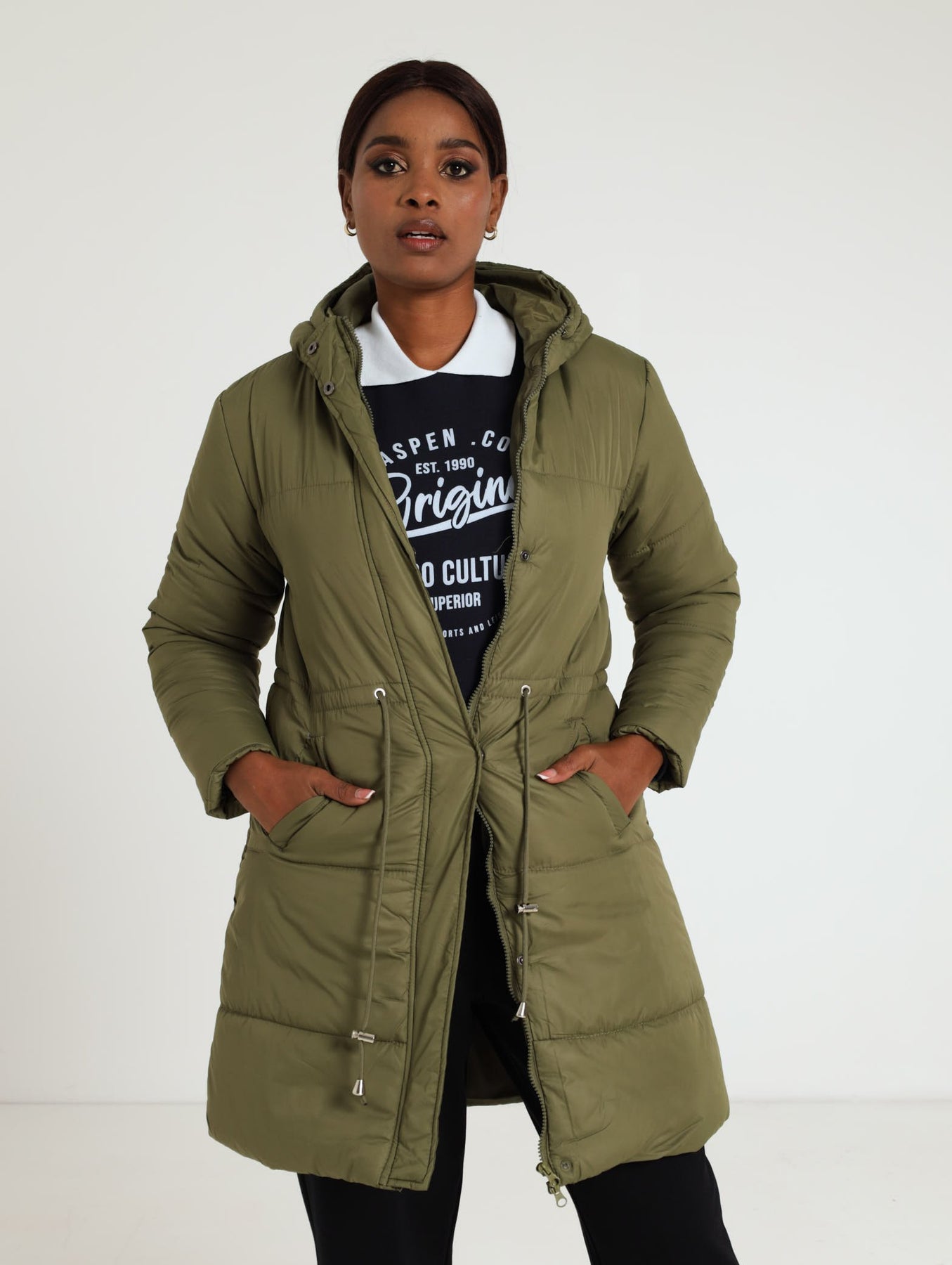 Ladies Long Sleeve Extra Length Puffer Jacket - Fatigue – Edgars