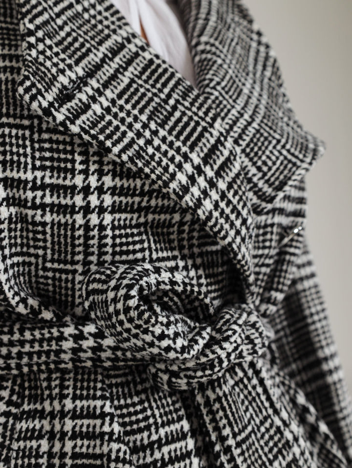 Check Belted Coat - Black/White