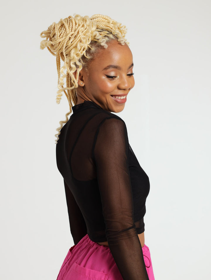 Long Sleeve Mesh With Fluff Top - Black