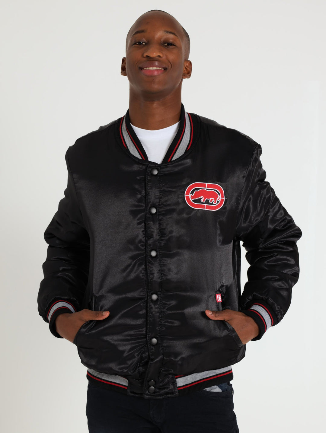 College Satin Bomber Jacket - Black