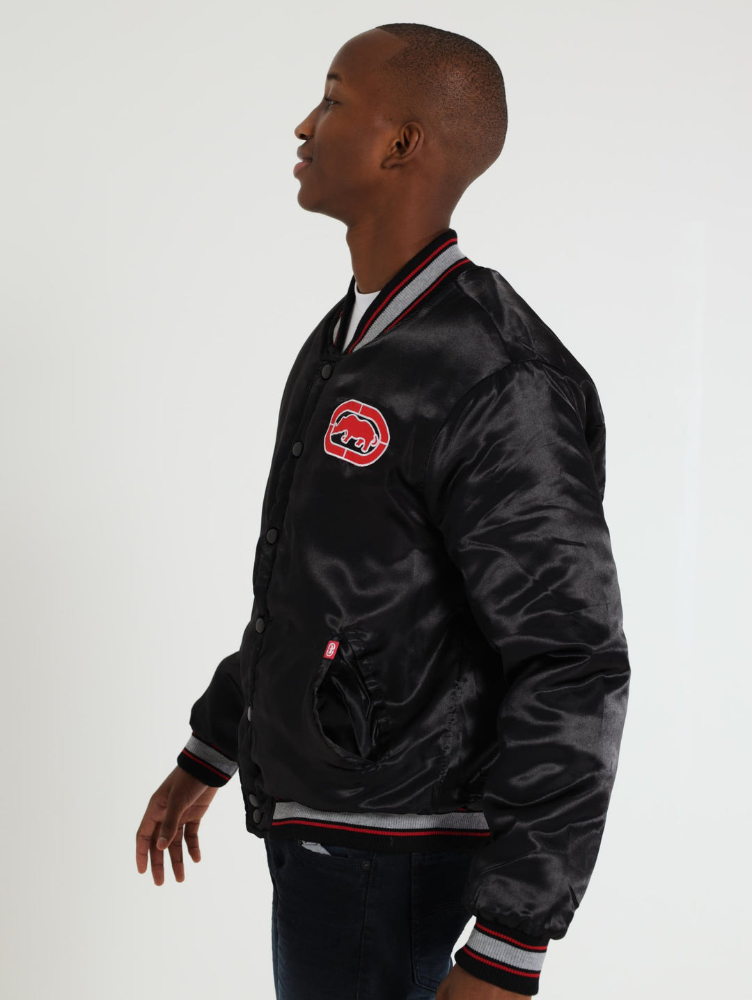 College Satin Bomber Jacket - Black