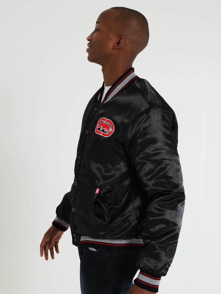 College Satin Bomber Jacket - Black