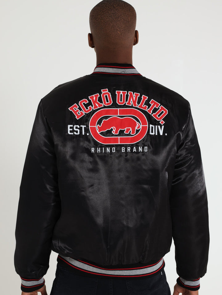 College Satin Bomber Jacket - Black