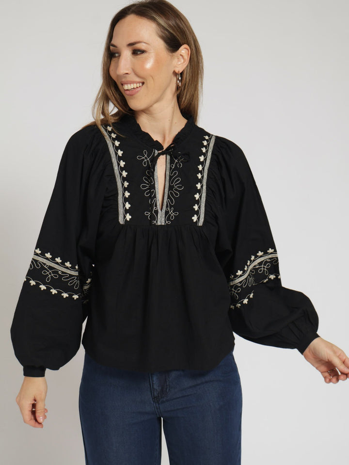 Long Sleeve Embossed Greecian Blouse - Black/Beige
