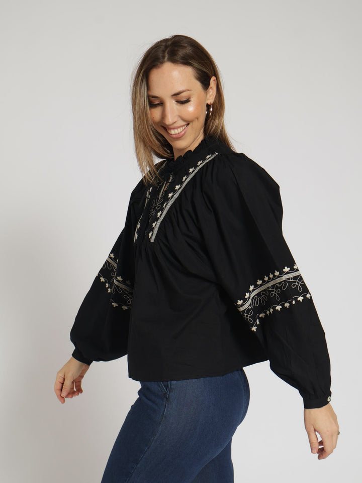 Long Sleeve Embossed Greecian Blouse - Black/Beige