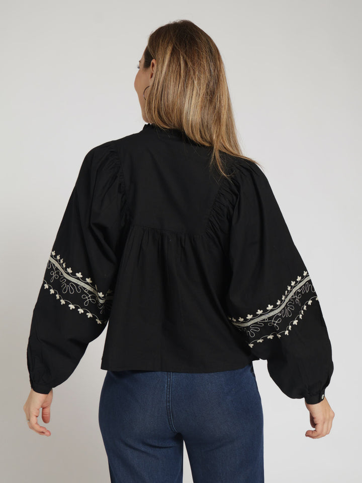 Long Sleeve Embossed Greecian Blouse - Black/Beige