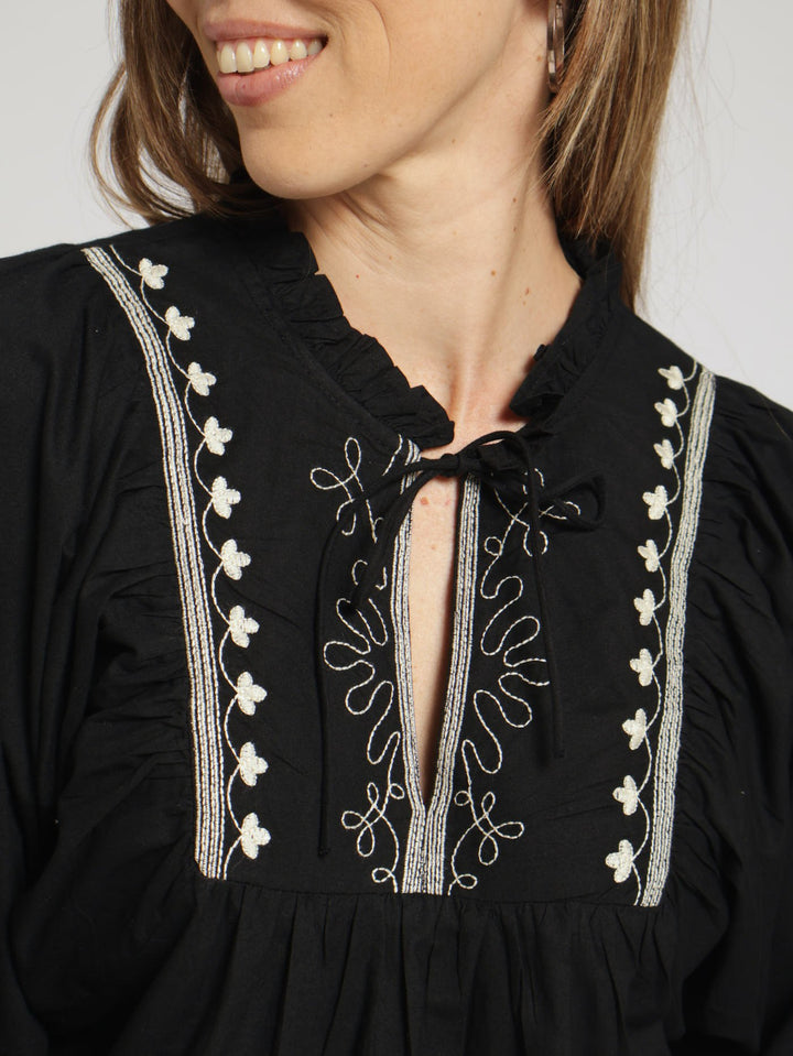 Long Sleeve Embossed Greecian Blouse - Black/Beige