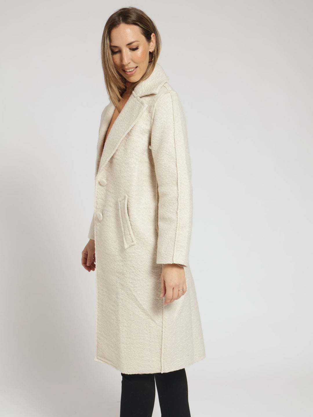Textured Two Button Coat - Cream