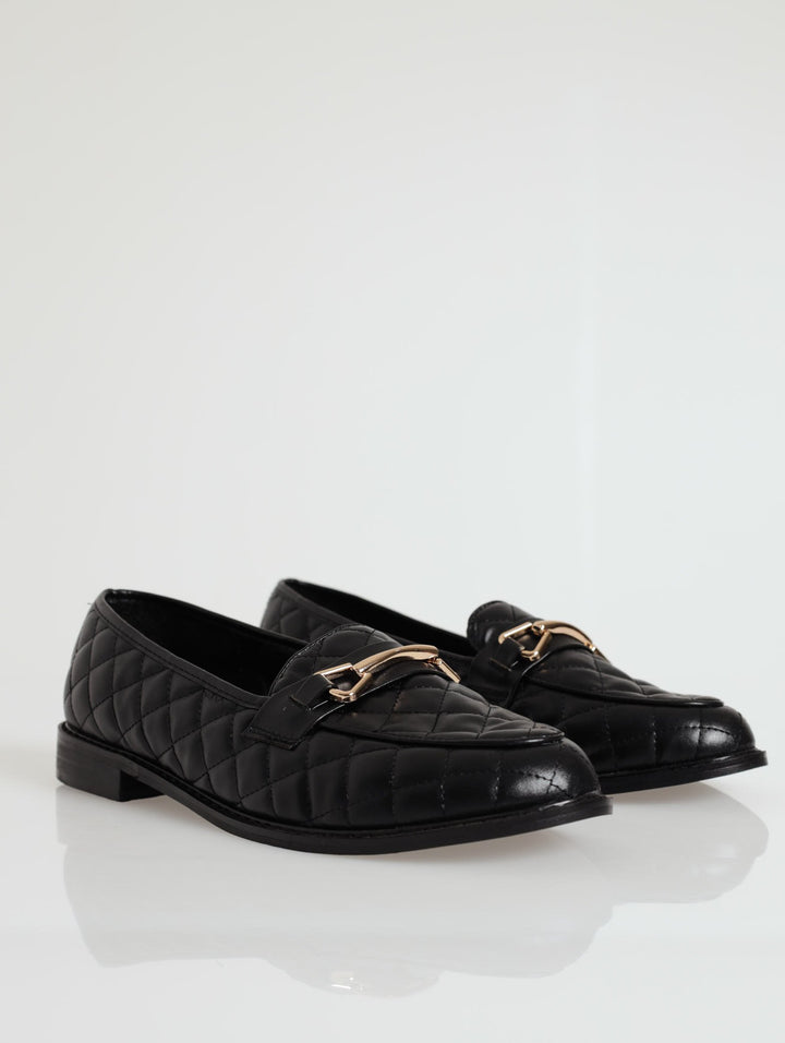 Quilted Loafer With Metal Bar Trim - Black
