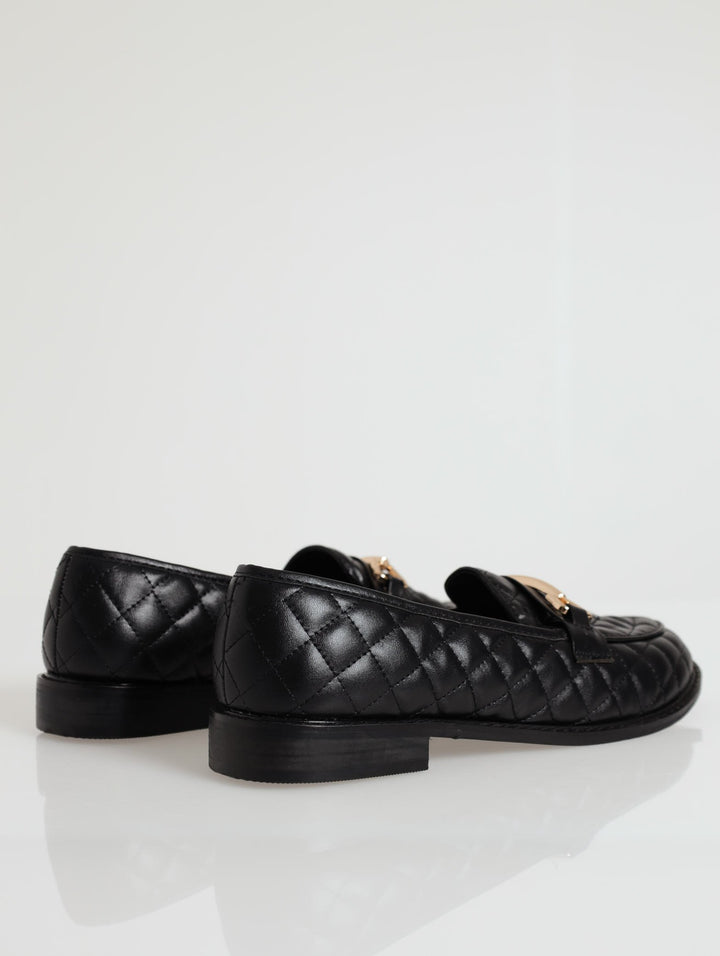 Quilted Loafer With Metal Bar Trim - Black