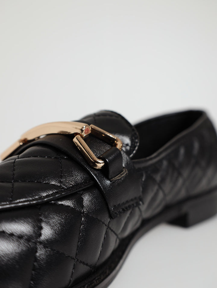 Quilted Loafer With Metal Bar Trim - Black