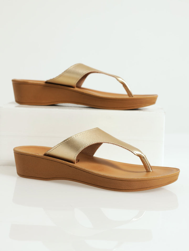 Steffi Leather Thong Wedge Sandal - Gold