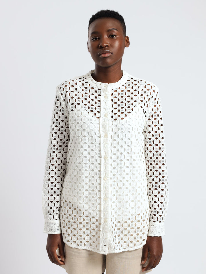 Long Sleeve Mandarin Collar Anglaise Shirt - White