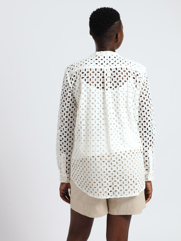 Long Sleeve Mandarin Collar Anglaise Shirt - White