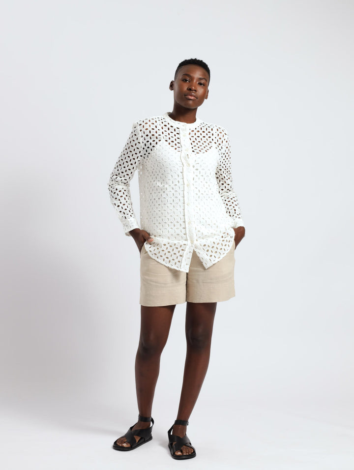 Long Sleeve Mandarin Collar Anglaise Shirt - White