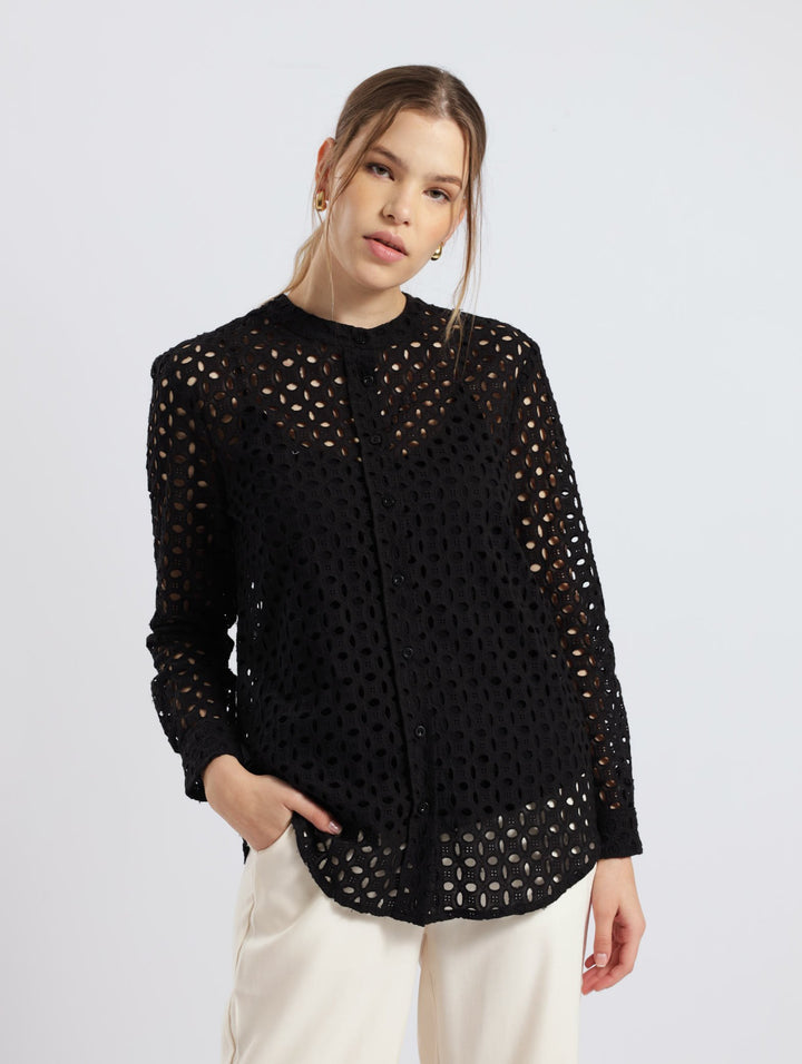 Long Sleeve Mandarin Collar Anglaise Shirt - Black