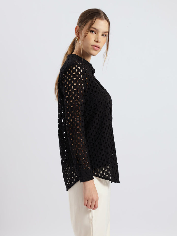Long Sleeve Mandarin Collar Anglaise Shirt - Black