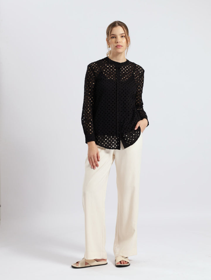 Long Sleeve Mandarin Collar Anglaise Shirt - Black
