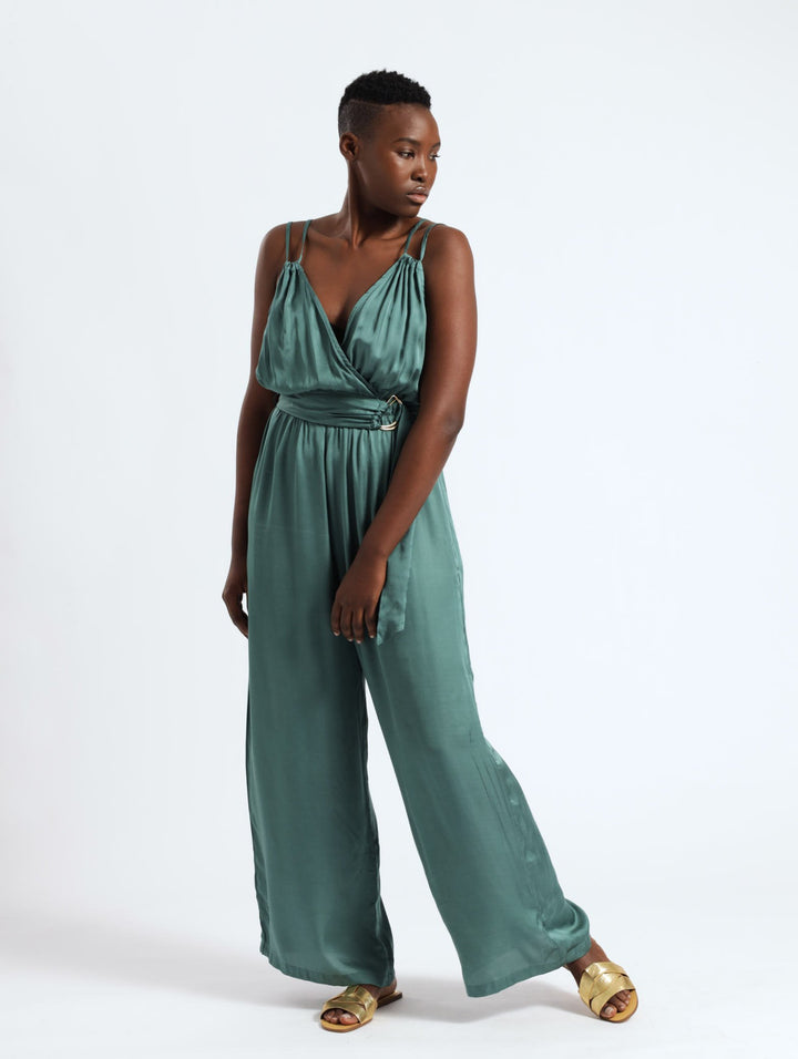 Pleated Strappy Belted Jumpsuit - Forest Green