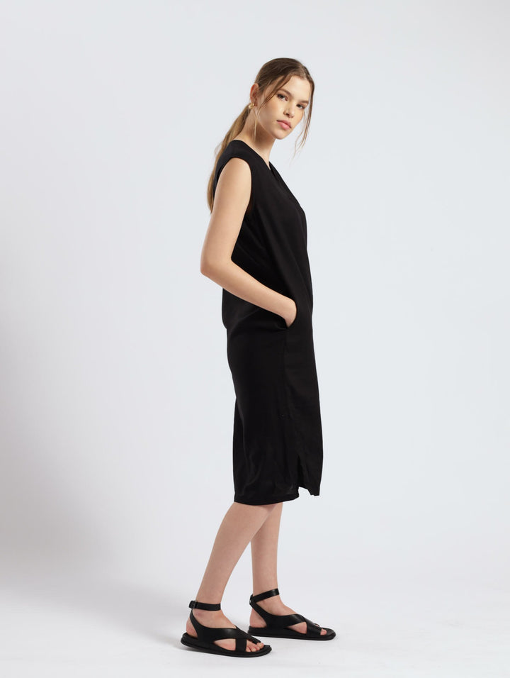 V-Neck Shift Pocketed Dress - Black
