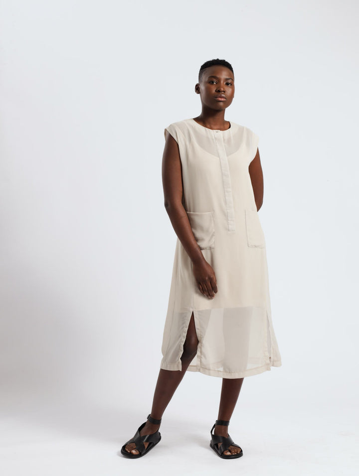 Sleeveless Sheer Patch Pocket Shirt Dress - Silver