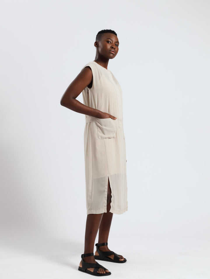 Sleeveless Sheer Patch Pocket Shirt Dress - Silver