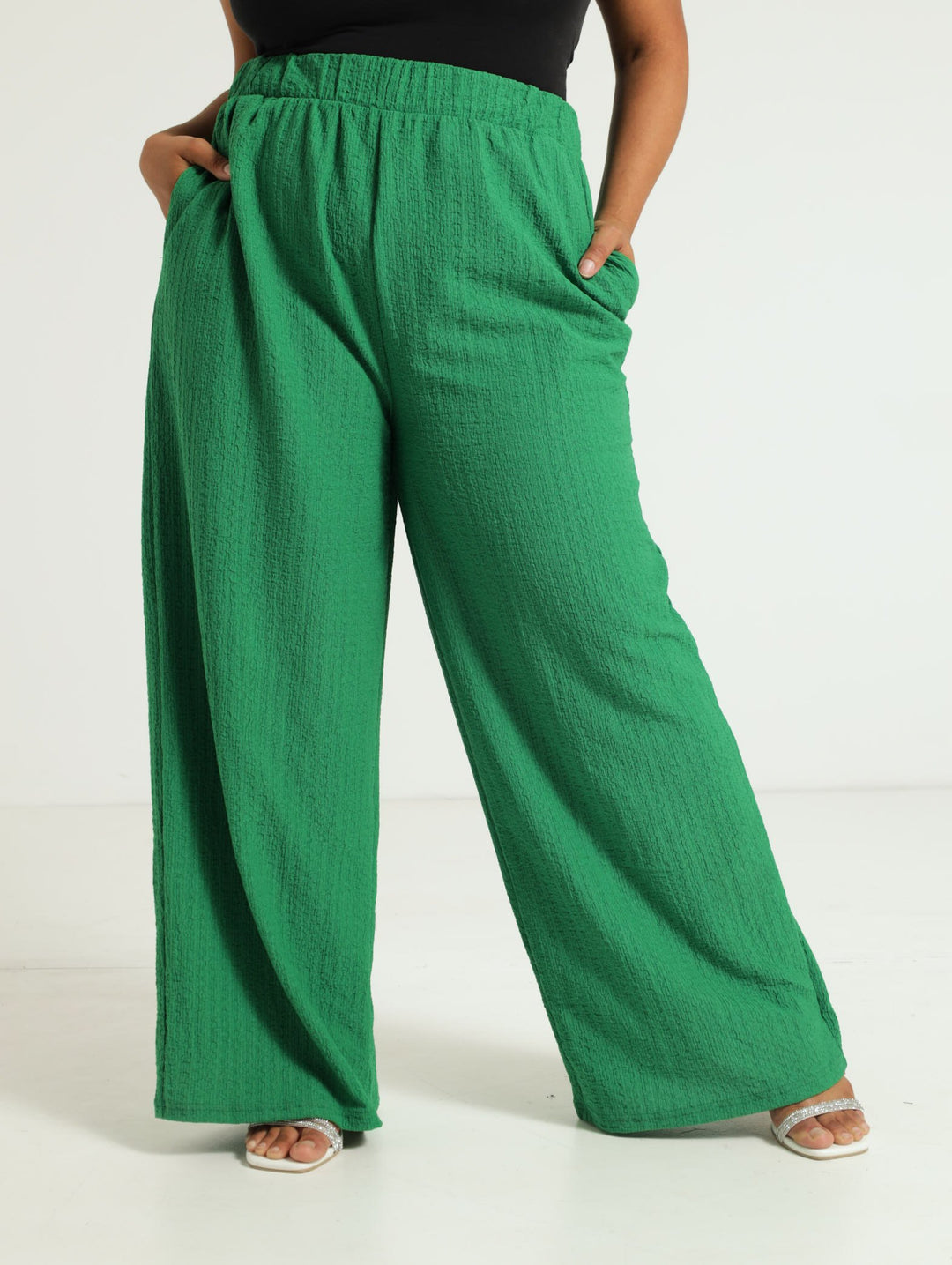 Textured Wideleg Culotte Pants - Green