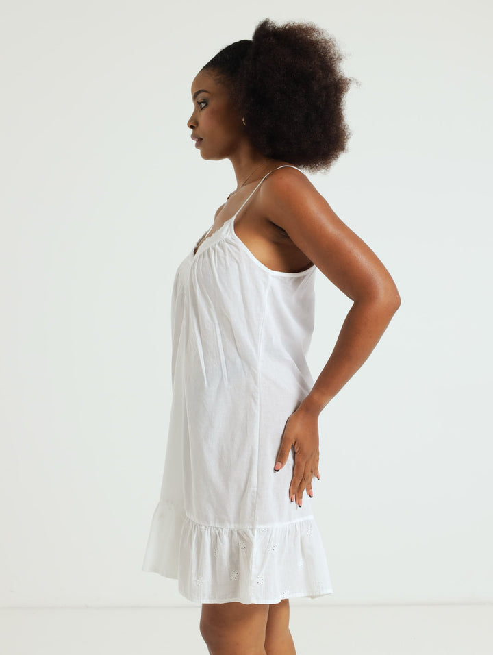 Woven Night Dress With Anglaise Detail - White