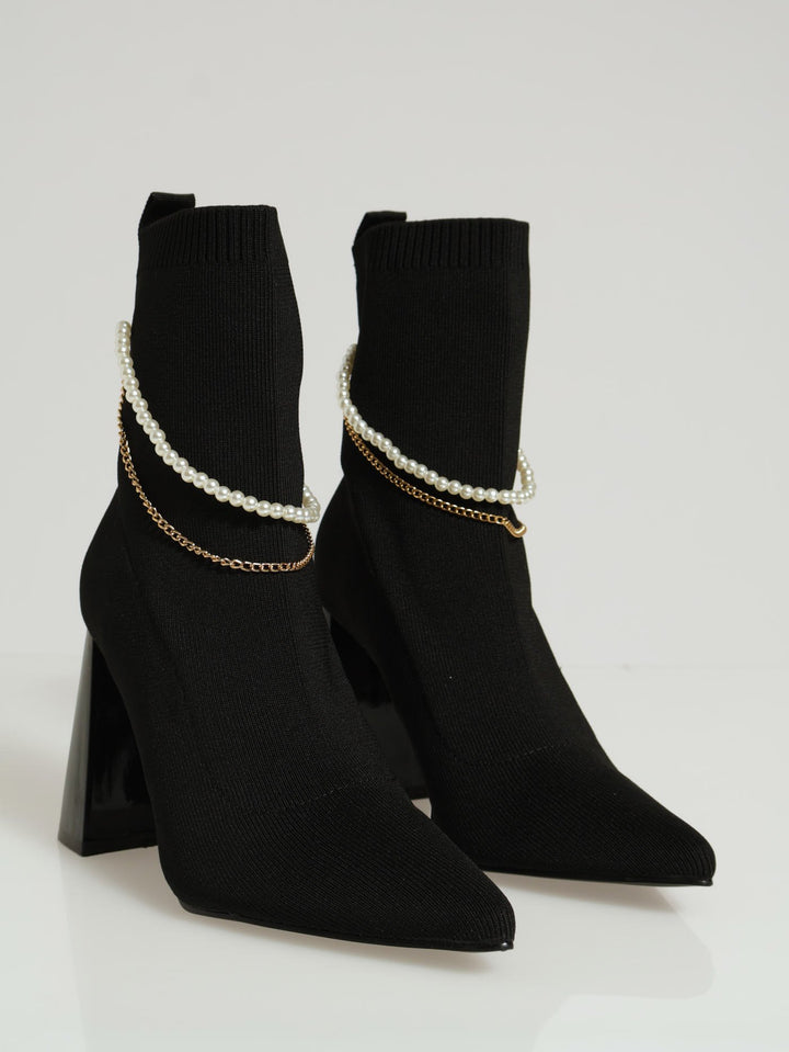 Pearl & Chain Trim Sock Boot - Black