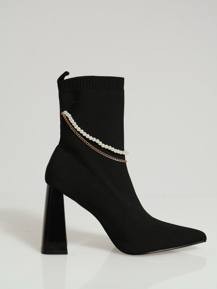 Pearl & Chain Trim Sock Boot - Black