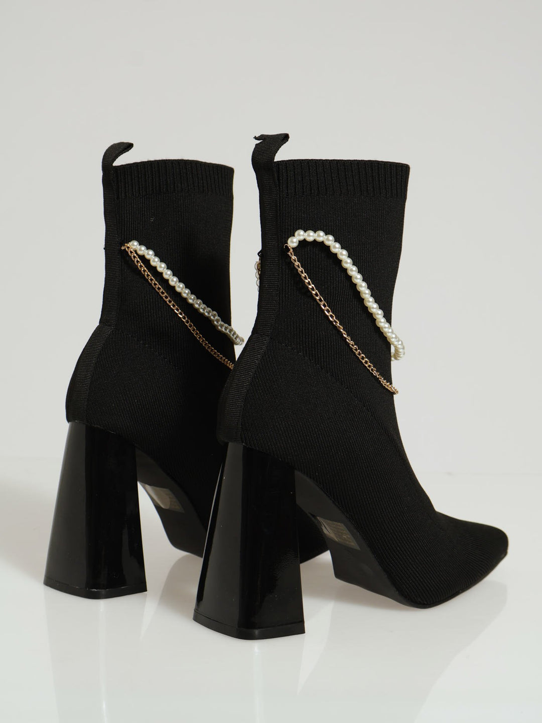 Pearl & Chain Trim Sock Boot - Black