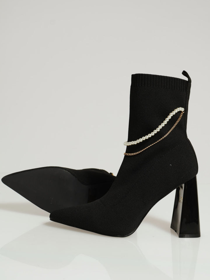 Pearl & Chain Trim Sock Boot - Black