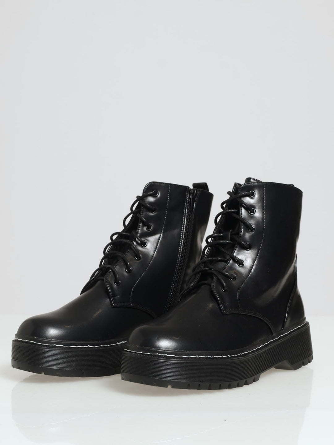 Heavy Cleated Lace-Up Boot With Contrast Stitching - Black/White