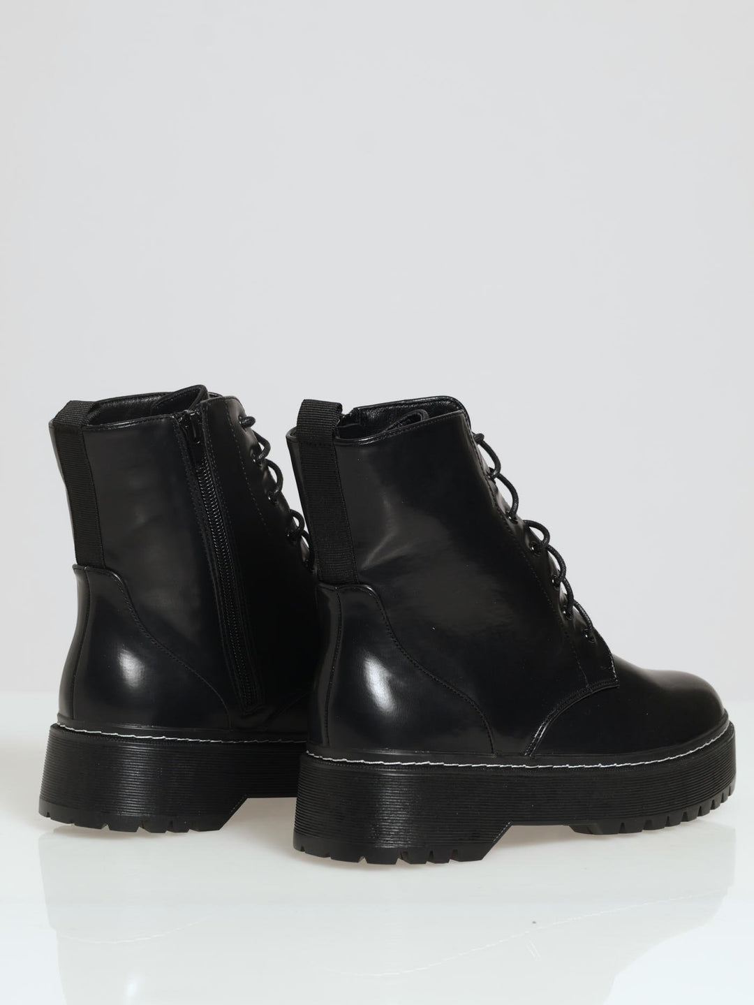 Heavy Cleated Lace-Up Boot With Contrast Stitching - Black/White