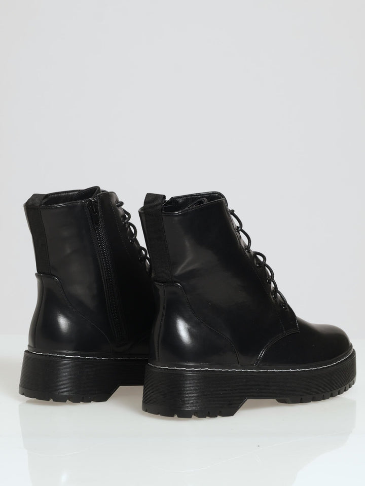 Heavy Cleated Lace-Up Boot With Contrast Stitching - Black/White